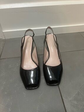Talbots Black Patent Slingback Peep Toe Mules with Pink Insoles